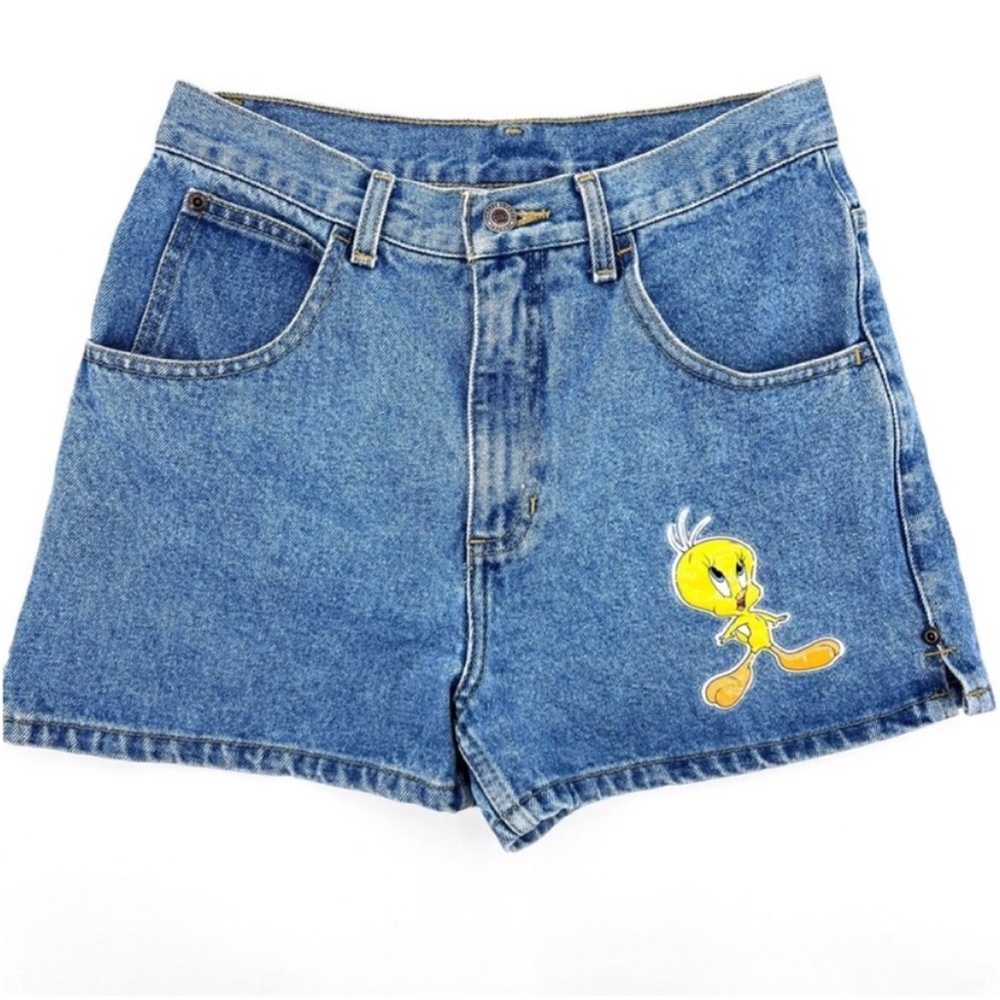 Vintage 1990s Looney Tunes Tweety Bird Denim Jean Shorts high waisted mom shorts